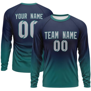 Custom Navy-Aqua Gradient Fashion Design Long Sleeve Performance T-Shirt