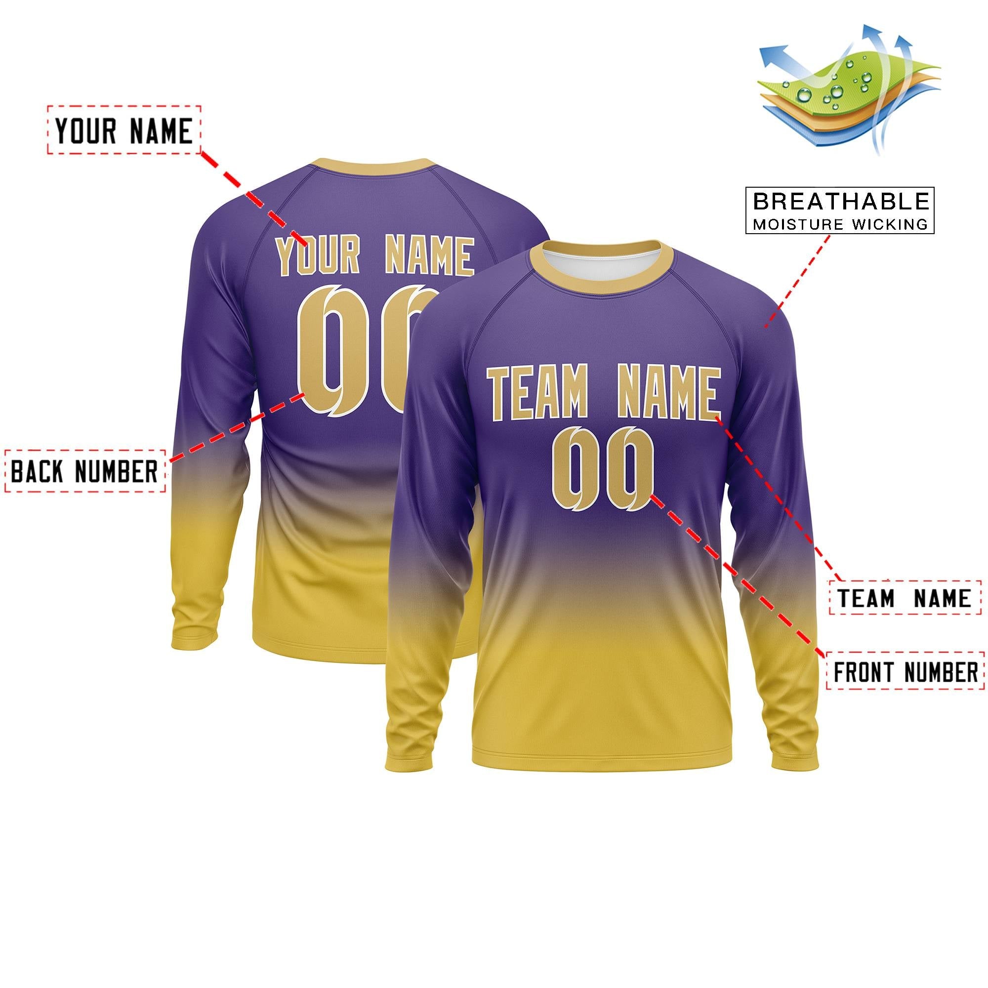 Custom Purple-Old Gold Gradient Fashion Design Long Sleeve Performance T-Shirt