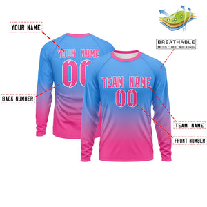 Custom Powder Blue-Pink Gradient Fashion Design Long Sleeve Performance T-Shirt