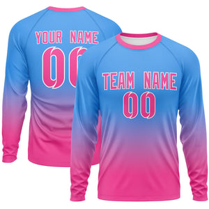 Custom Powder Blue-Pink Gradient Fashion Design Long Sleeve Performance T-Shirt