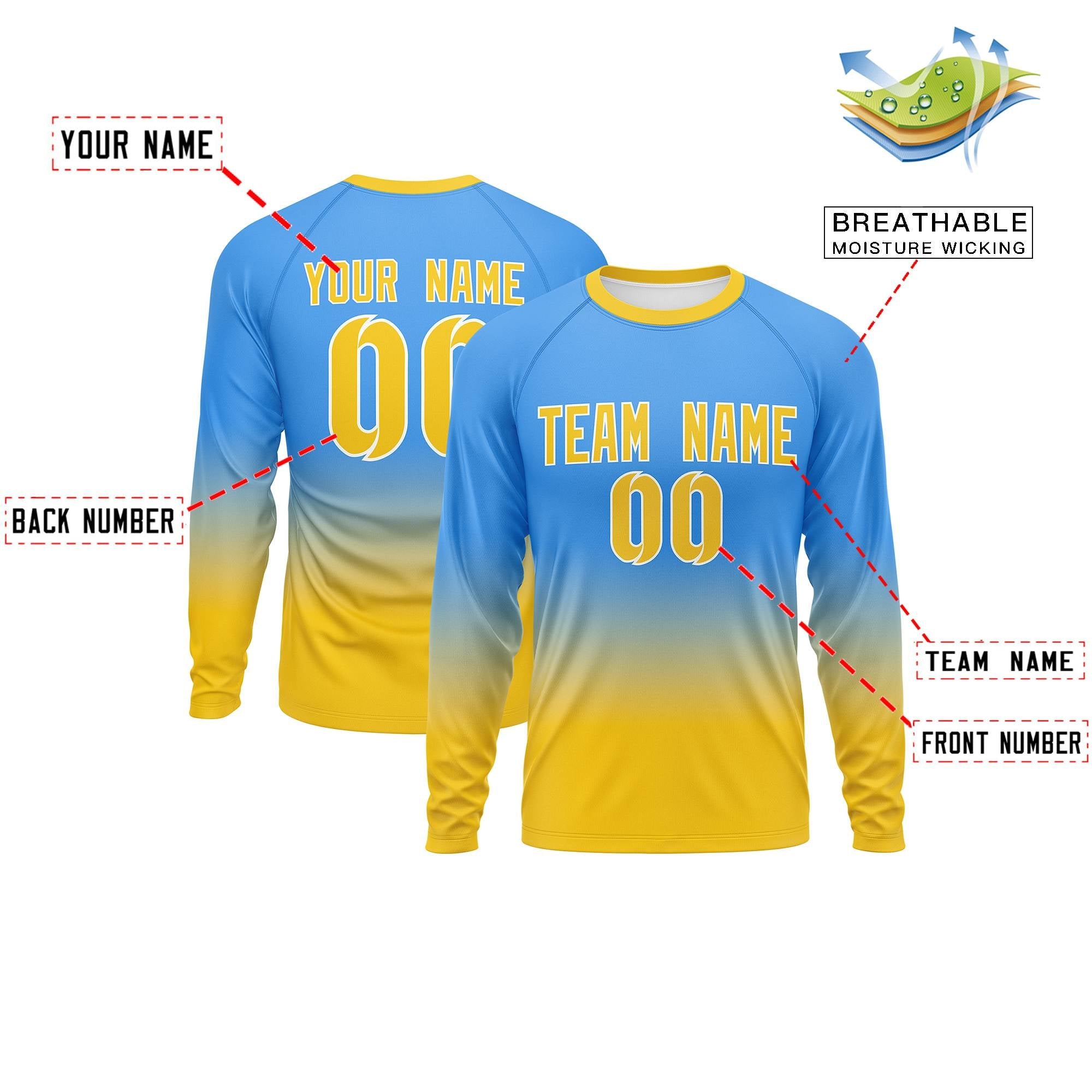 Custom Powder Blue-Gold Gradient Fashion Design Long Sleeve Performance T-Shirt