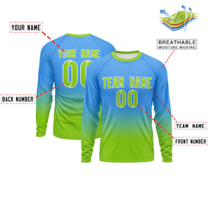 Custom Powder Blue-Neon Green Gradient Fashion Design Long Sleeve Performance T-Shirt