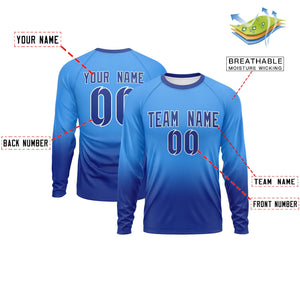 Custom Powder Blue-Royal Gradient Fashion Design Long Sleeve Performance T-Shirt