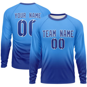 Custom Powder Blue-Royal Gradient Fashion Design Long Sleeve Performance T-Shirt