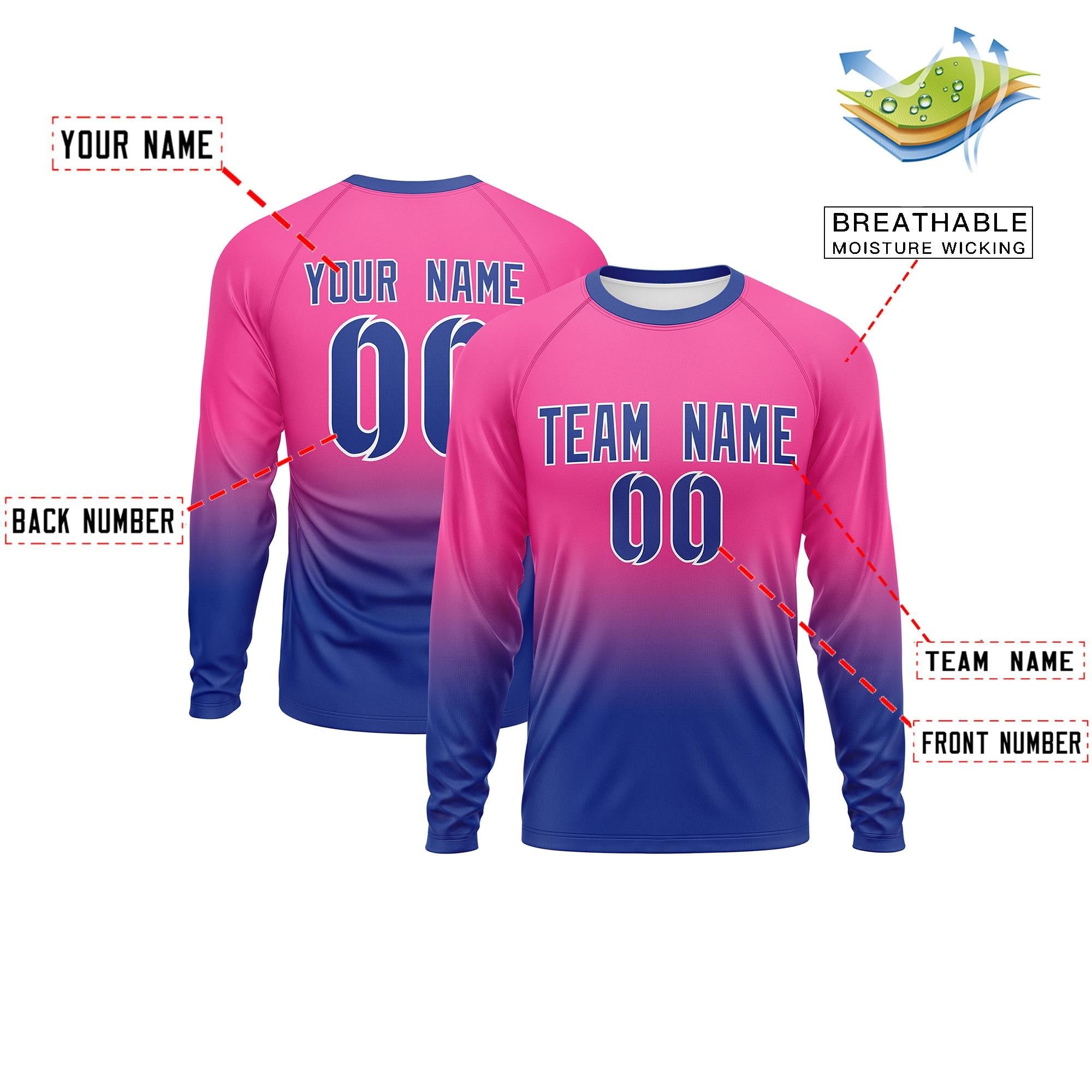 Custom Pink-Royal Gradient Fashion Design Long Sleeve Performance T-Shirt