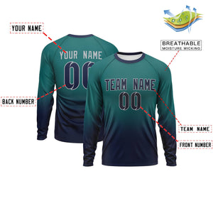 Custom Aqua-Navy Gradient Fashion Design Long Sleeve Performance T-Shirt