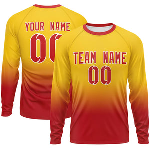 Custom Gold-Red Gradient Fashion Design Long Sleeve Performance T-Shirt