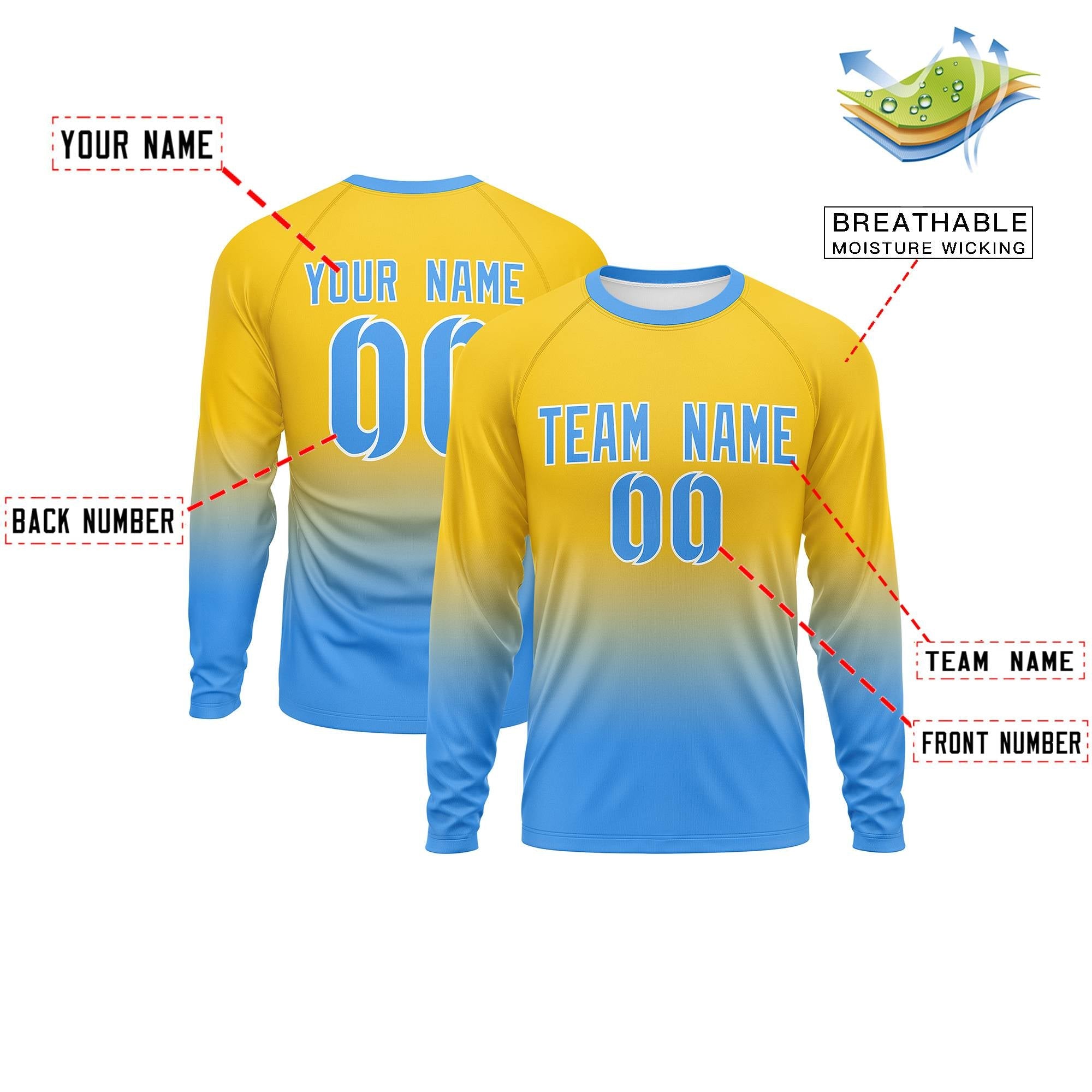 Custom Gold-Powder Blue Gradient Fashion Design Long Sleeve Performance T-Shirt