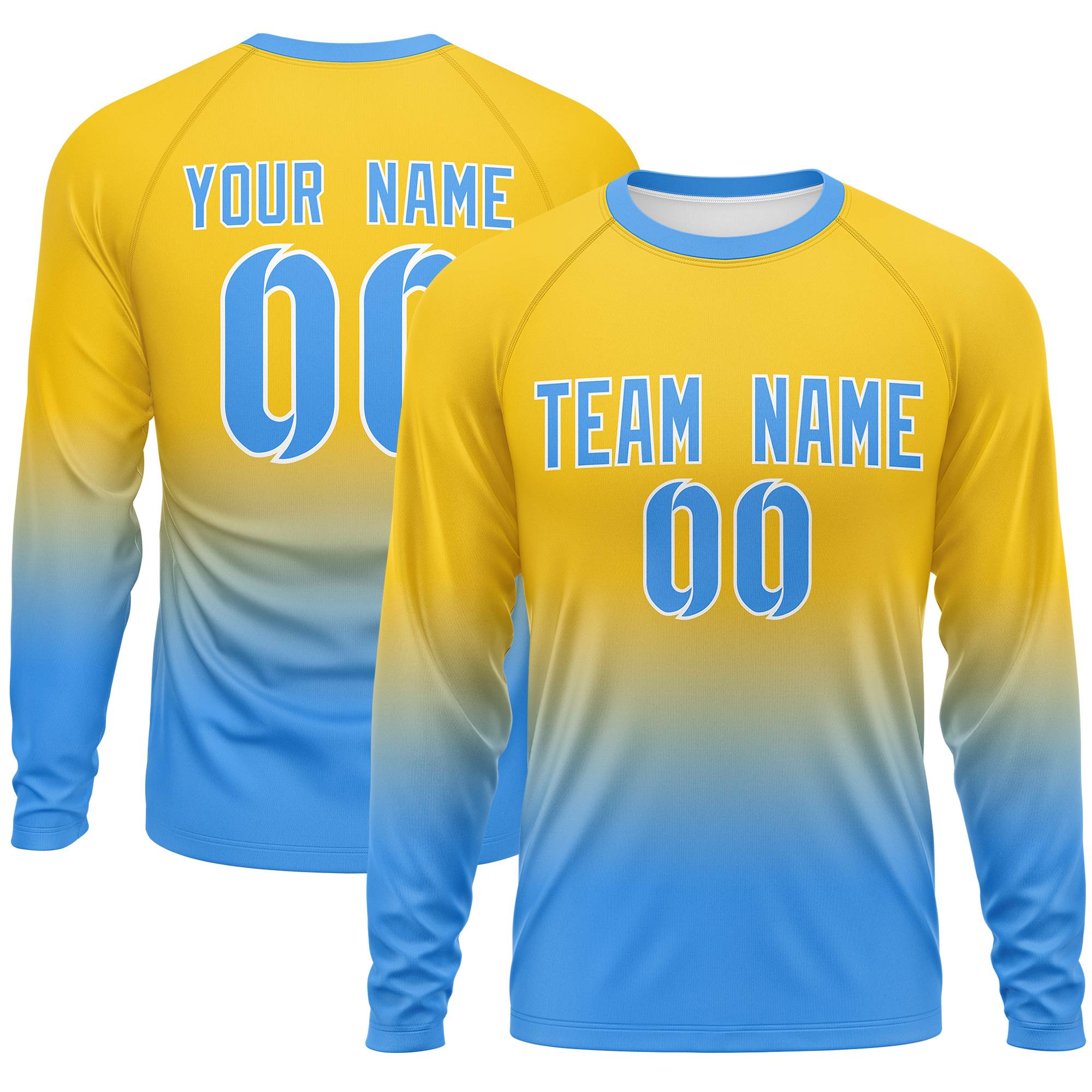 Custom Gold-Powder Blue Gradient Fashion Design Long Sleeve Performance T-Shirt