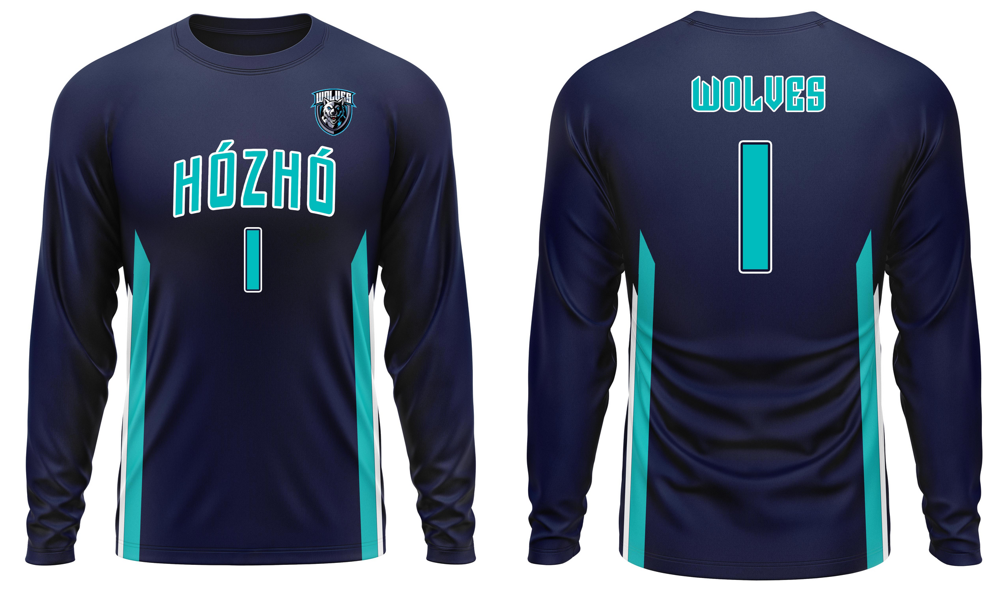 Custom Navy Teal White Long Sleeve Performance T-Shirt