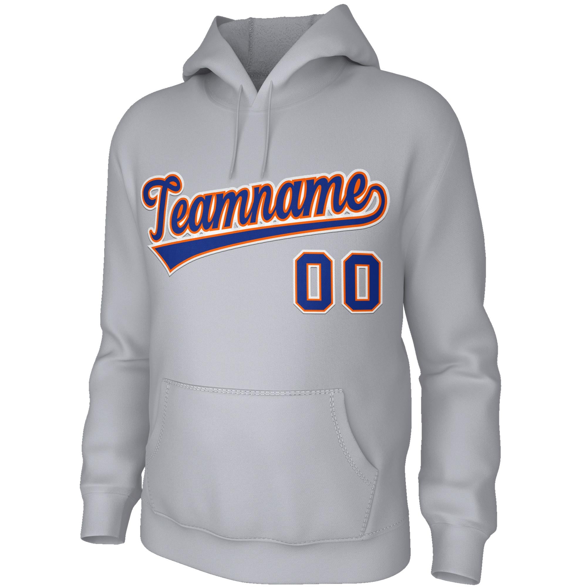 Custom Grey Blue-Orange Stitched Classic Style Hoodie Pullover Sweatshirt