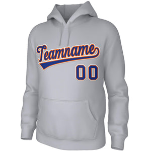 Custom Grey Blue-Orange Stitched Classic Style Hoodie Pullover Sweatshirt