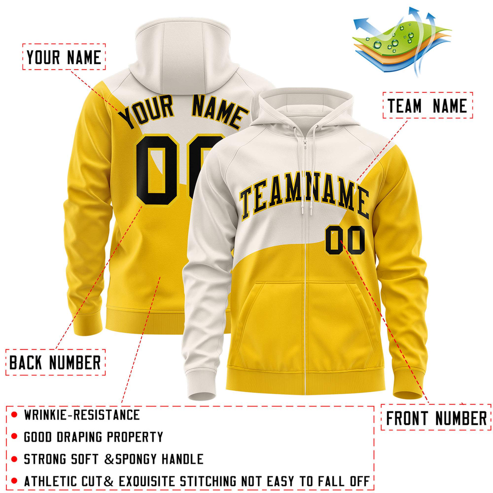 Custom Cream Gold Color Block Varsity Full-Zip Letterman Wave Hoodie Jacket