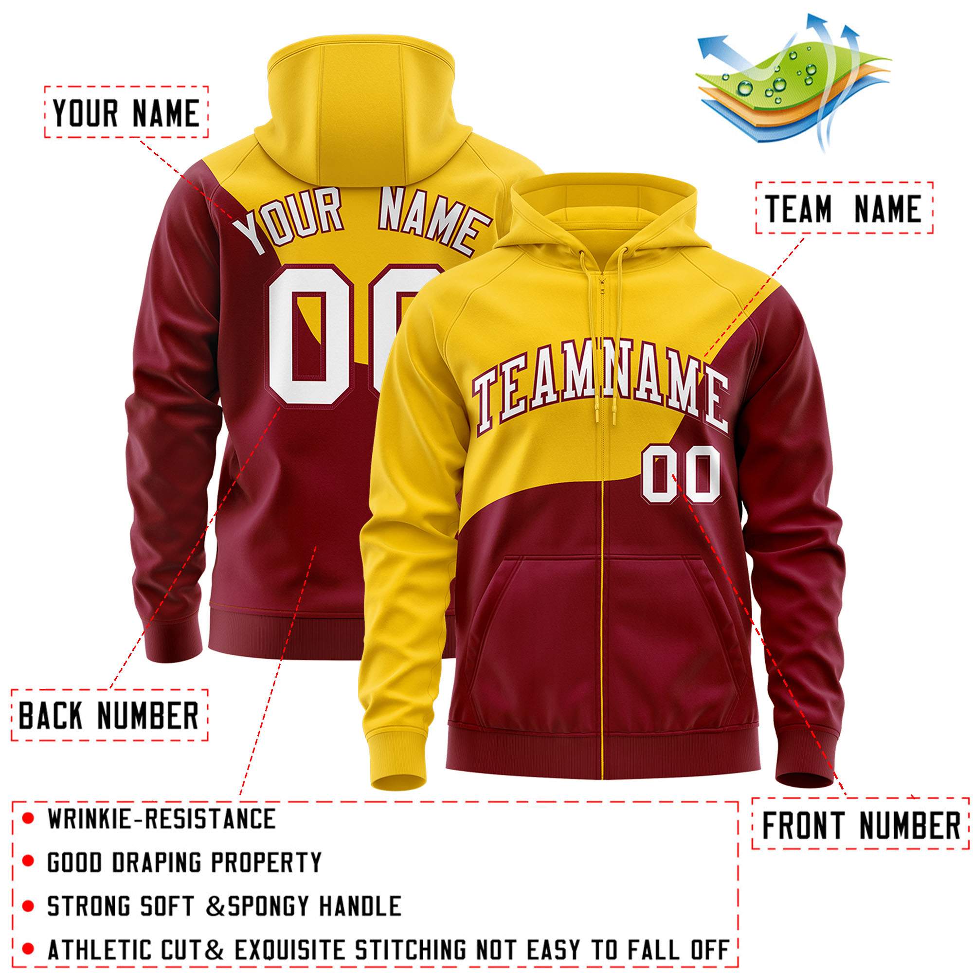 Custom Gold Crimson Color Block Varsity Full-Zip Letterman Wave Hoodie Jacket