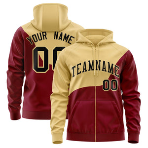 Custom Khaki Crimson Color Block Varsity Full-Zip Letterman Wave Hoodie Jacket