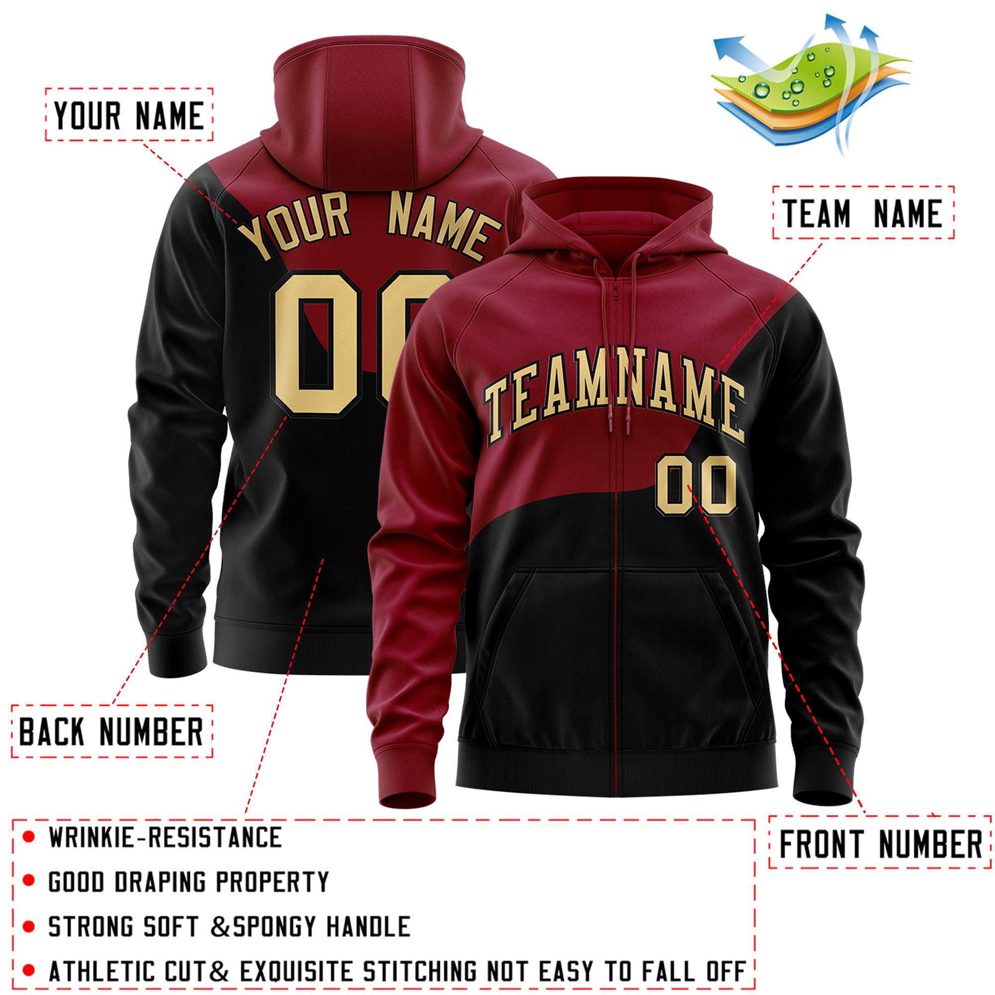 Custom Crimson Black Color Block Varsity Full-Zip Letterman Wave Hoodie Jacket