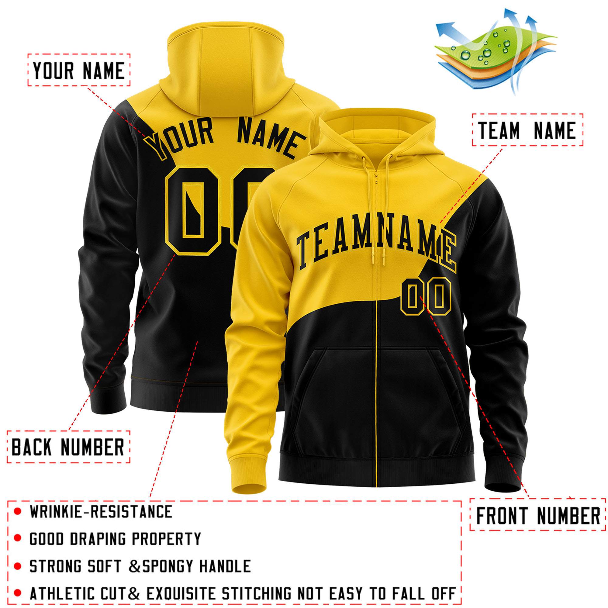 Custom Gold Black Color Block Varsity Full-Zip Letterman Wave Hoodie Jacket