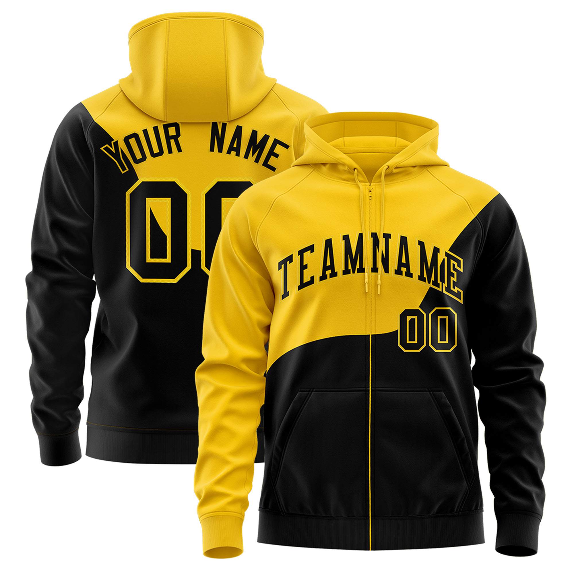 Custom Gold Black Color Block Varsity Full-Zip Letterman Wave Hoodie Jacket