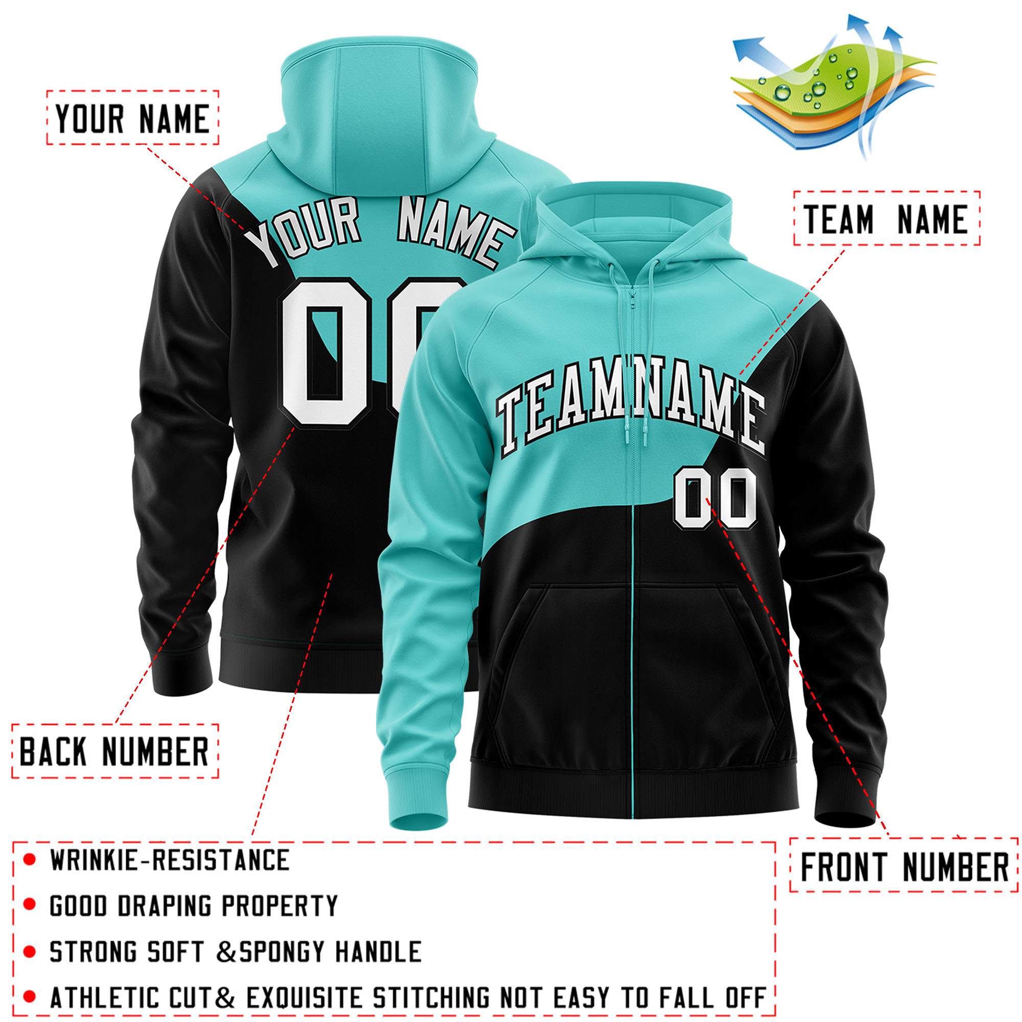 Custom Bright Green Black Color Block Varsity Full-Zip Letterman Wave Hoodie Jacket