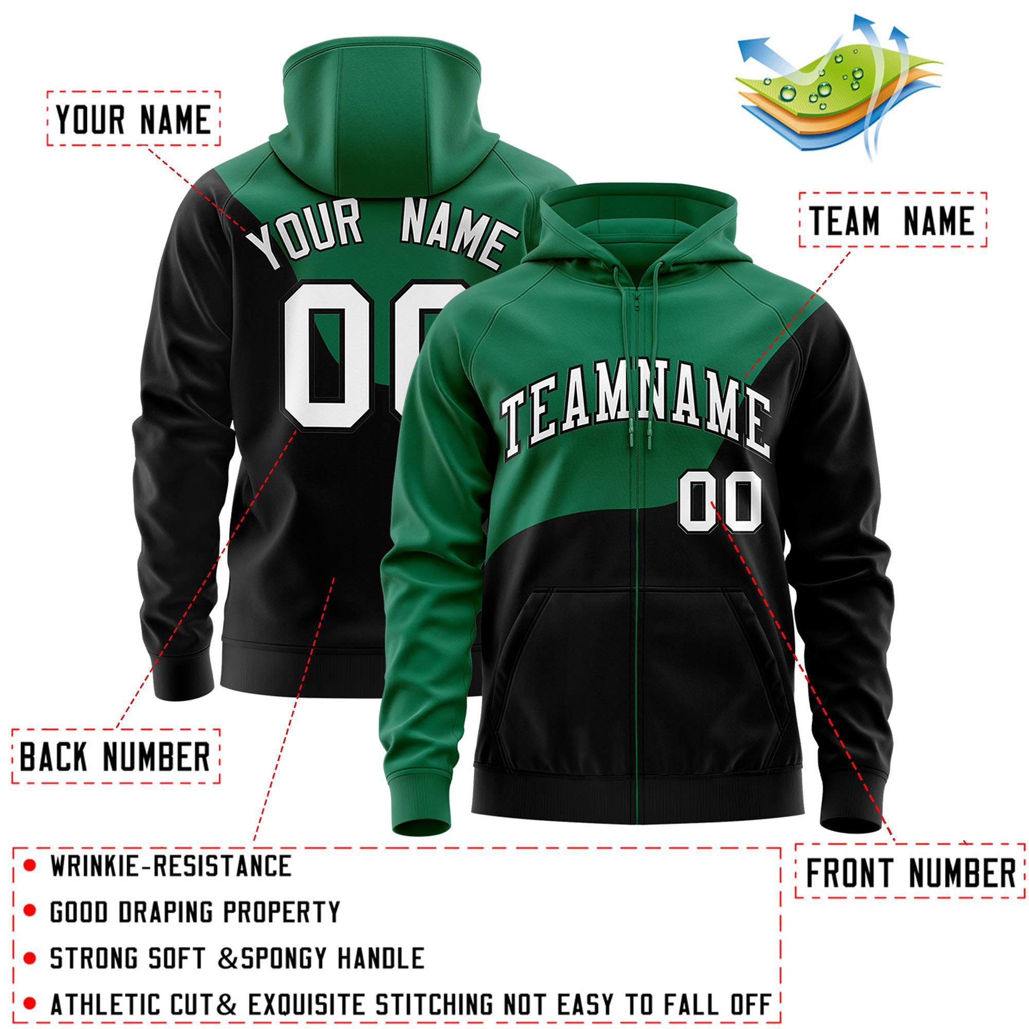 Custom Kelly Green Black Color Block Varsity Full-Zip Letterman Wave Hoodie Jacket