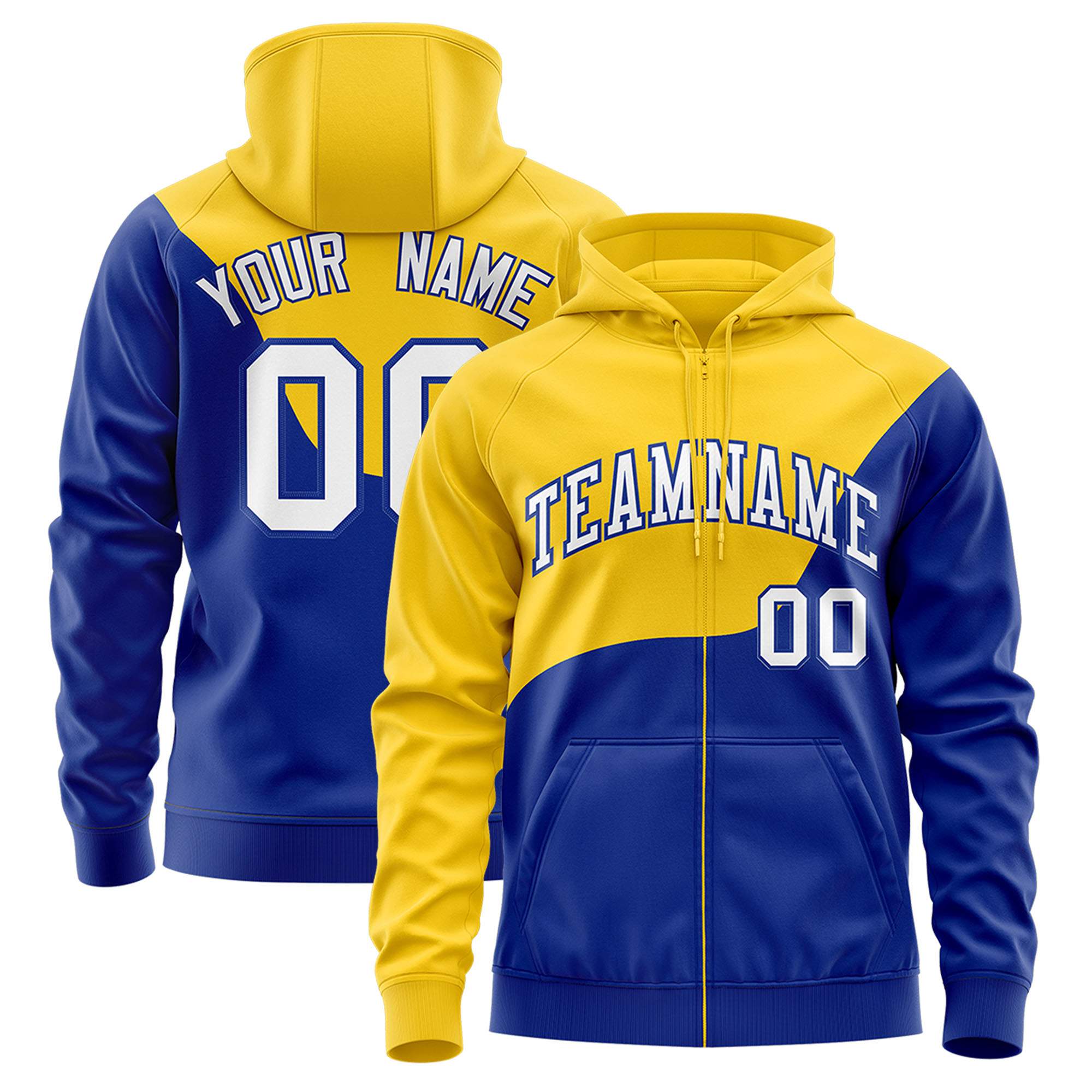 Custom Gold Royal Color Block Varsity Full-Zip Letterman Wave Hoodie Jacket