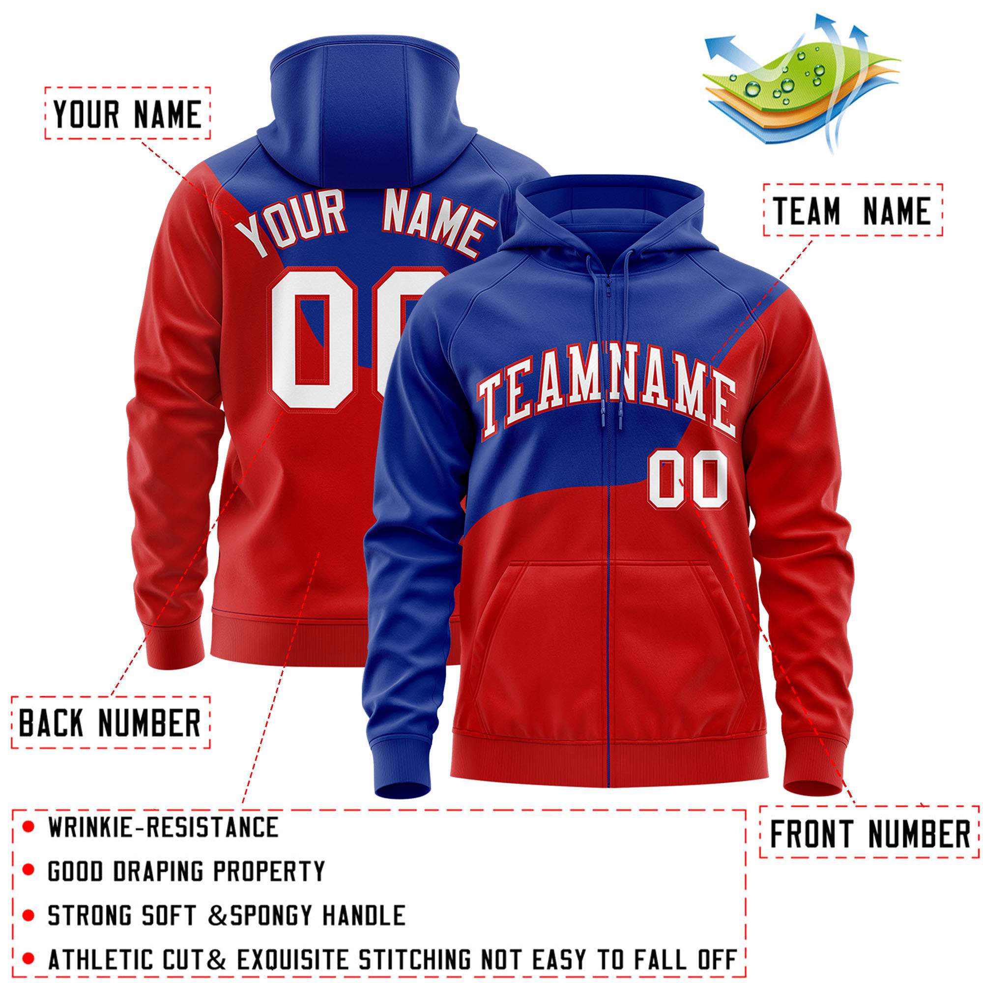 Custom Royal Red Color Block Varsity Full-Zip Letterman Wave Hoodie Jacket