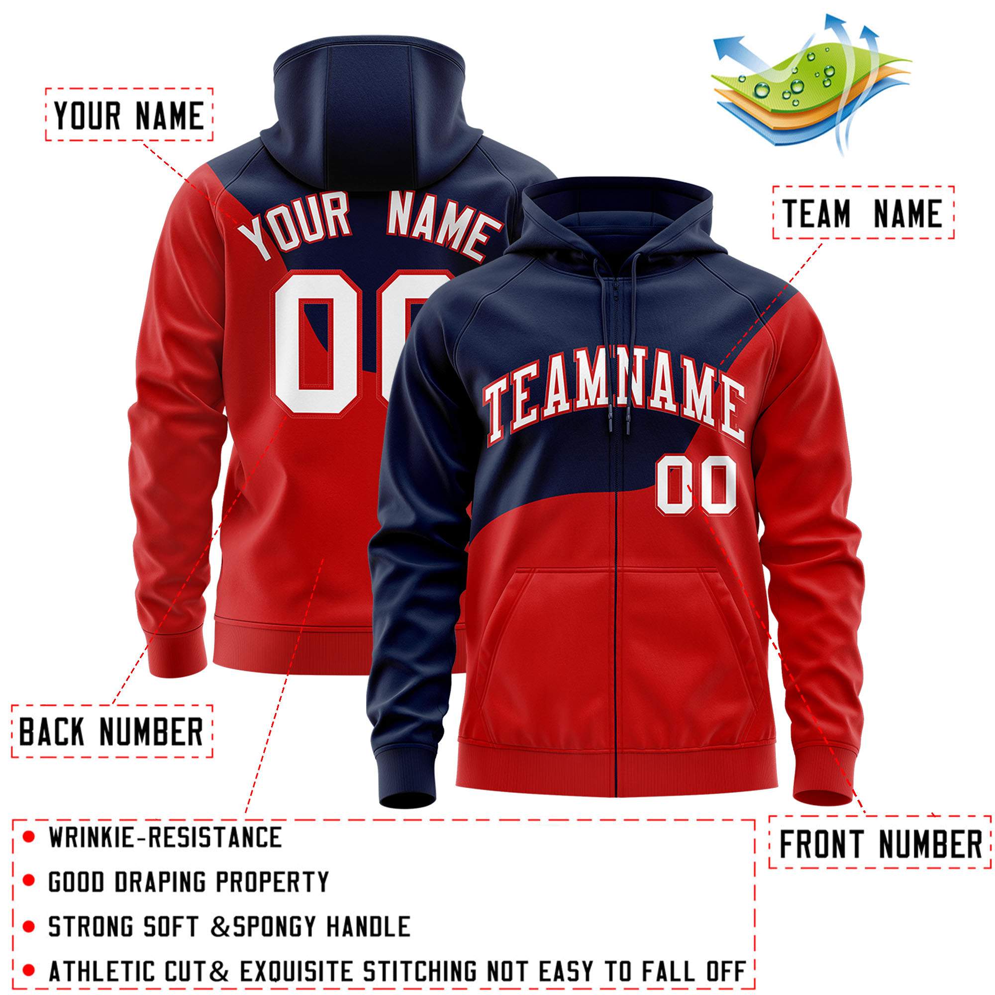 Custom Navy Red Color Block Varsity Full-Zip Letterman Wave Hoodie Jacket