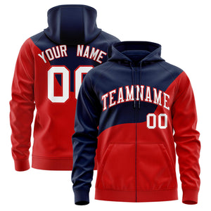 Custom Navy Red Color Block Varsity Full-Zip Letterman Wave Hoodie Jacket