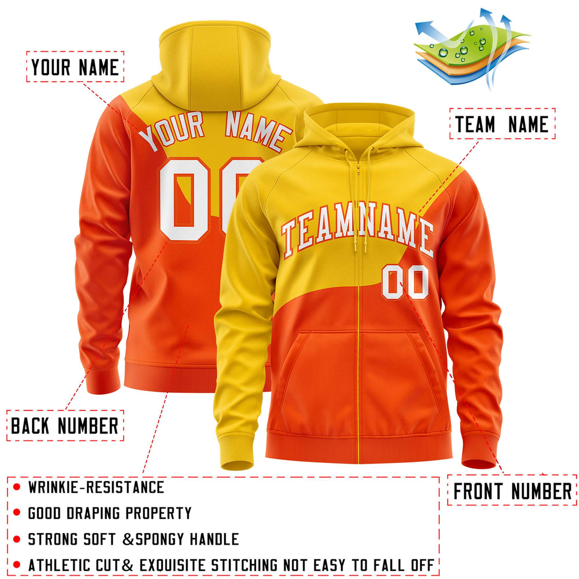 Custom Gold Orange Color Block Varsity Full-Zip Letterman Wave Hoodie Jacket