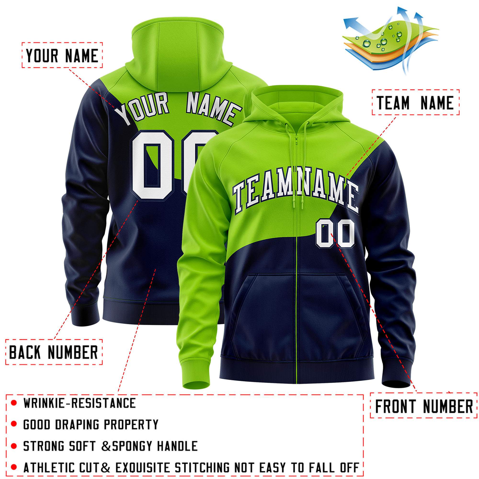 Custom Neon Green Navy Color Block Varsity Full-Zip Letterman Wave Hoodie Jacket