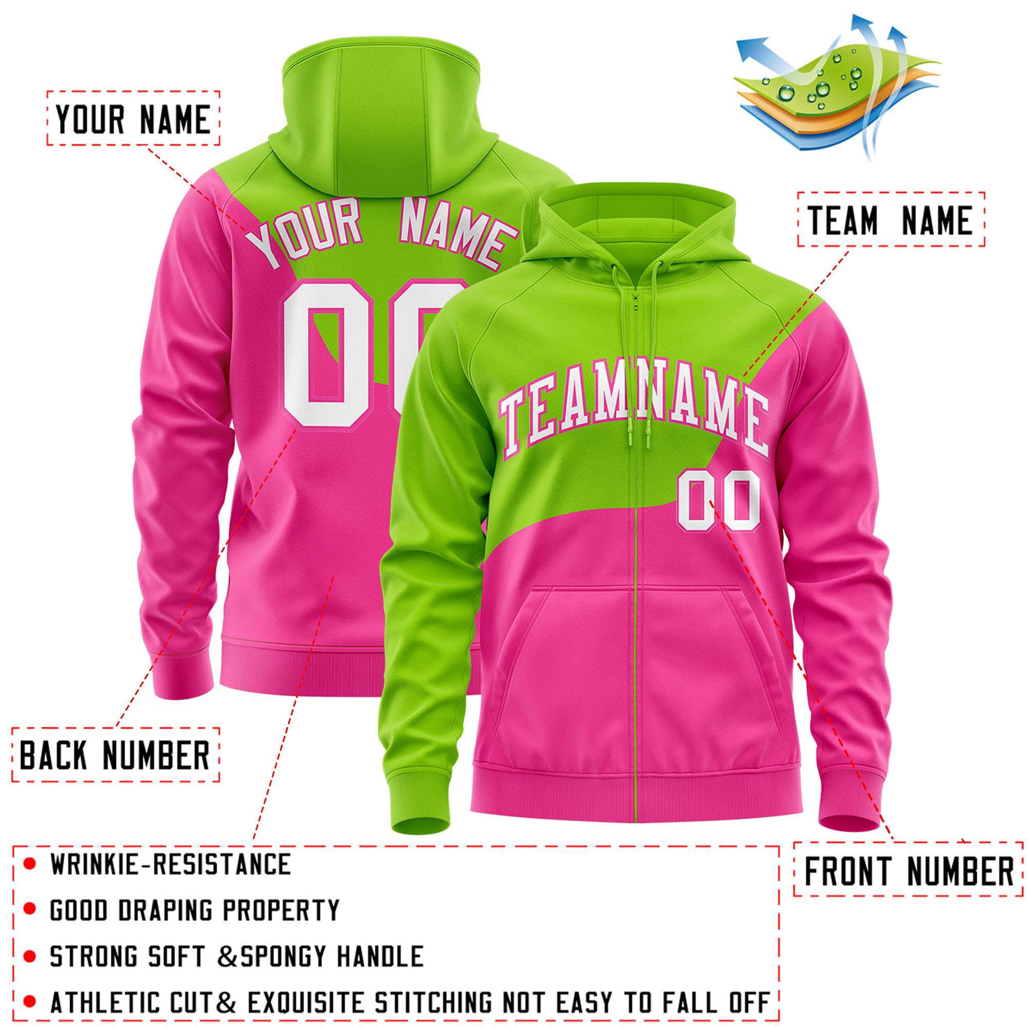 Custom Neon Green Pink Color Block Varsity Full-Zip Letterman Wave Hoodie Jacket