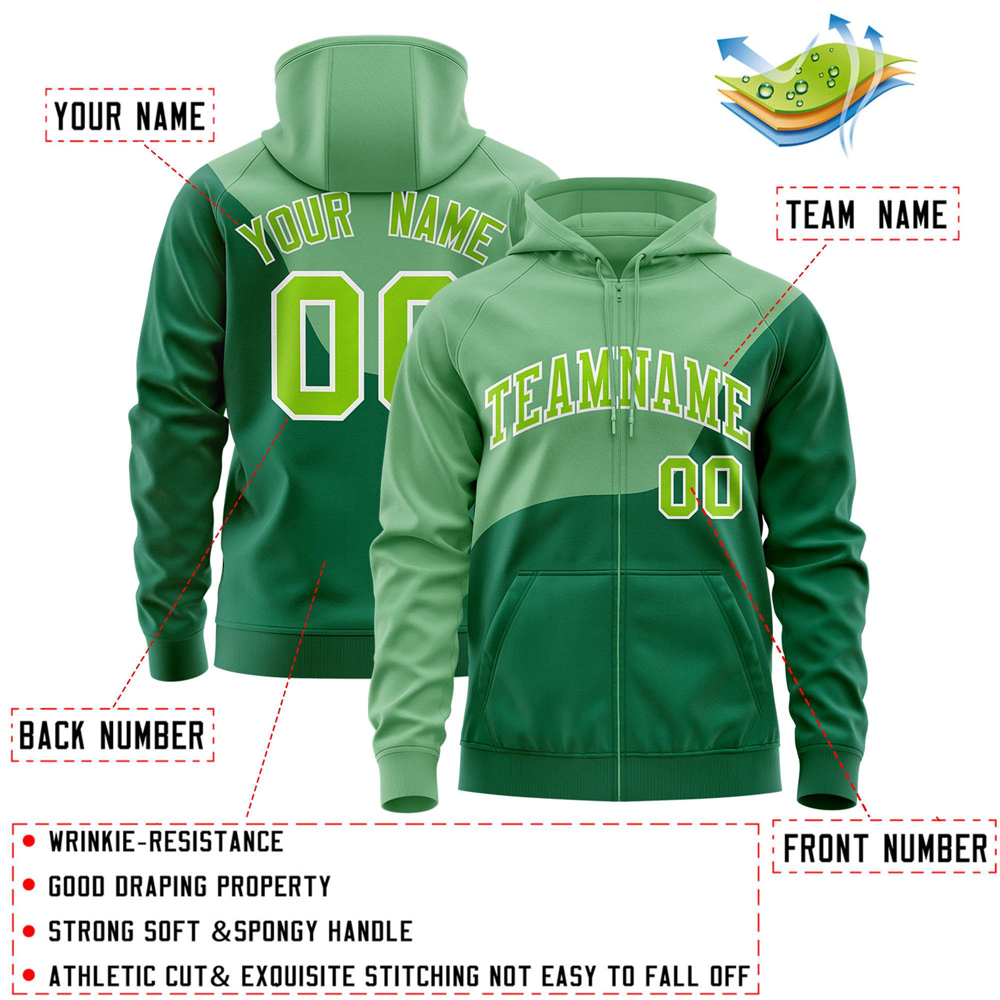 Custom Green Kelly Green Color Block Varsity Full-Zip Letterman Wave Hoodie Jacket