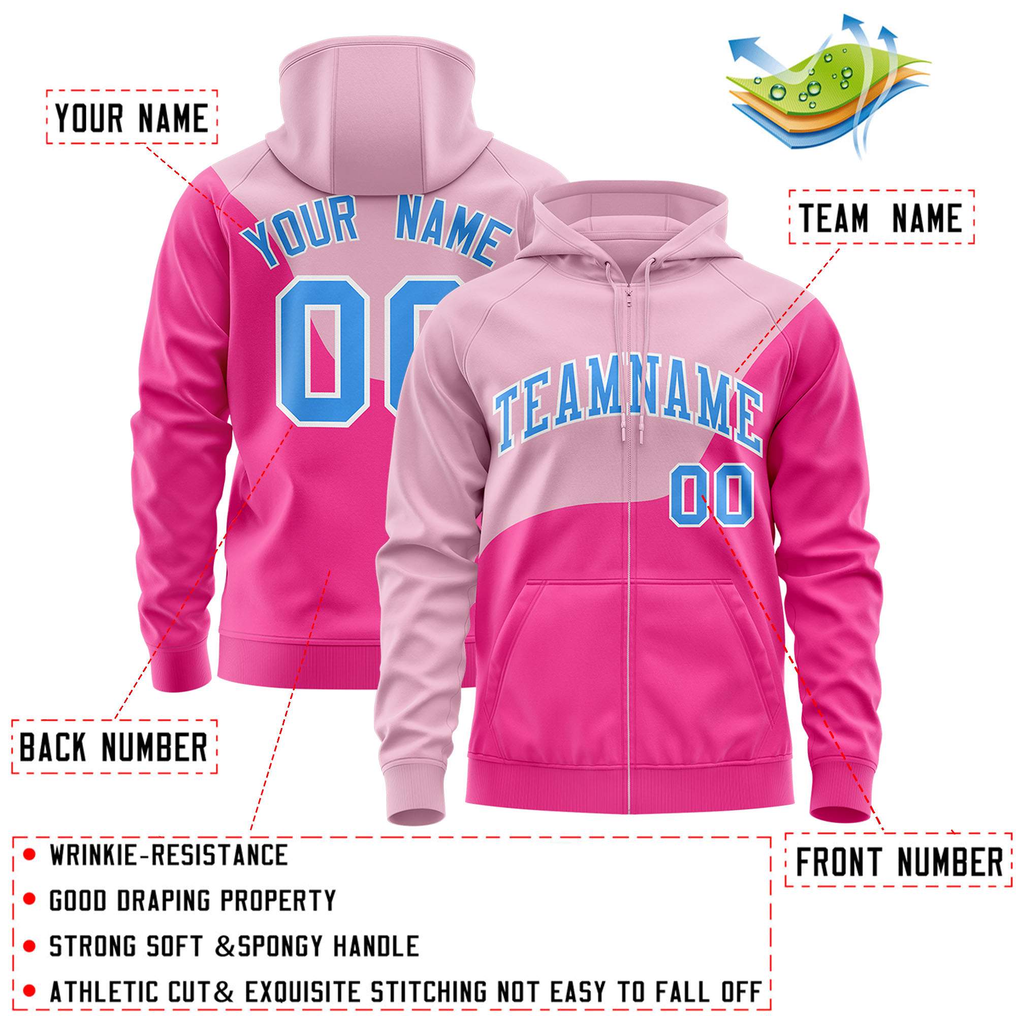 Custom Light Pink Pink Color Block Varsity Full-Zip Letterman Wave Hoodie Jacket