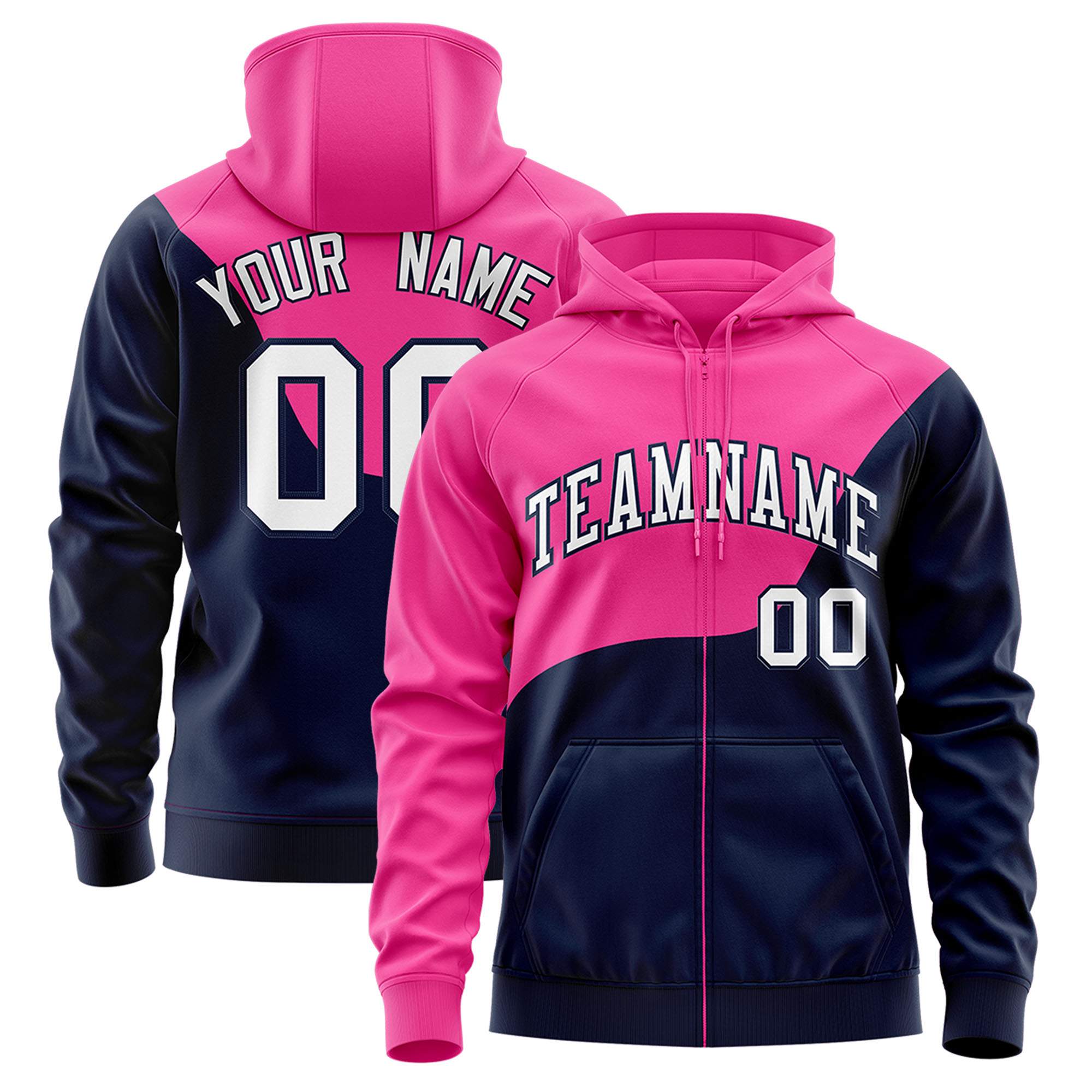 Custom Pink Navy Color Block Varsity Full-Zip Letterman Wave Hoodie Jacket