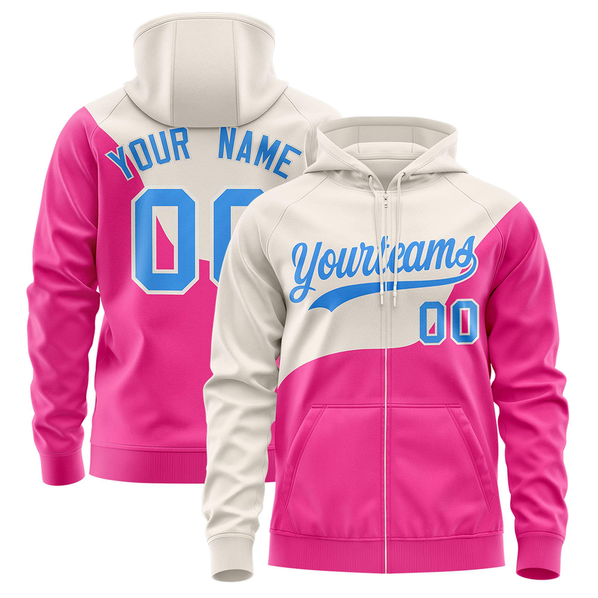 Custom Cream Pink Color Block Varsity Full-Zip Letterman Wave Hoodie Jacket