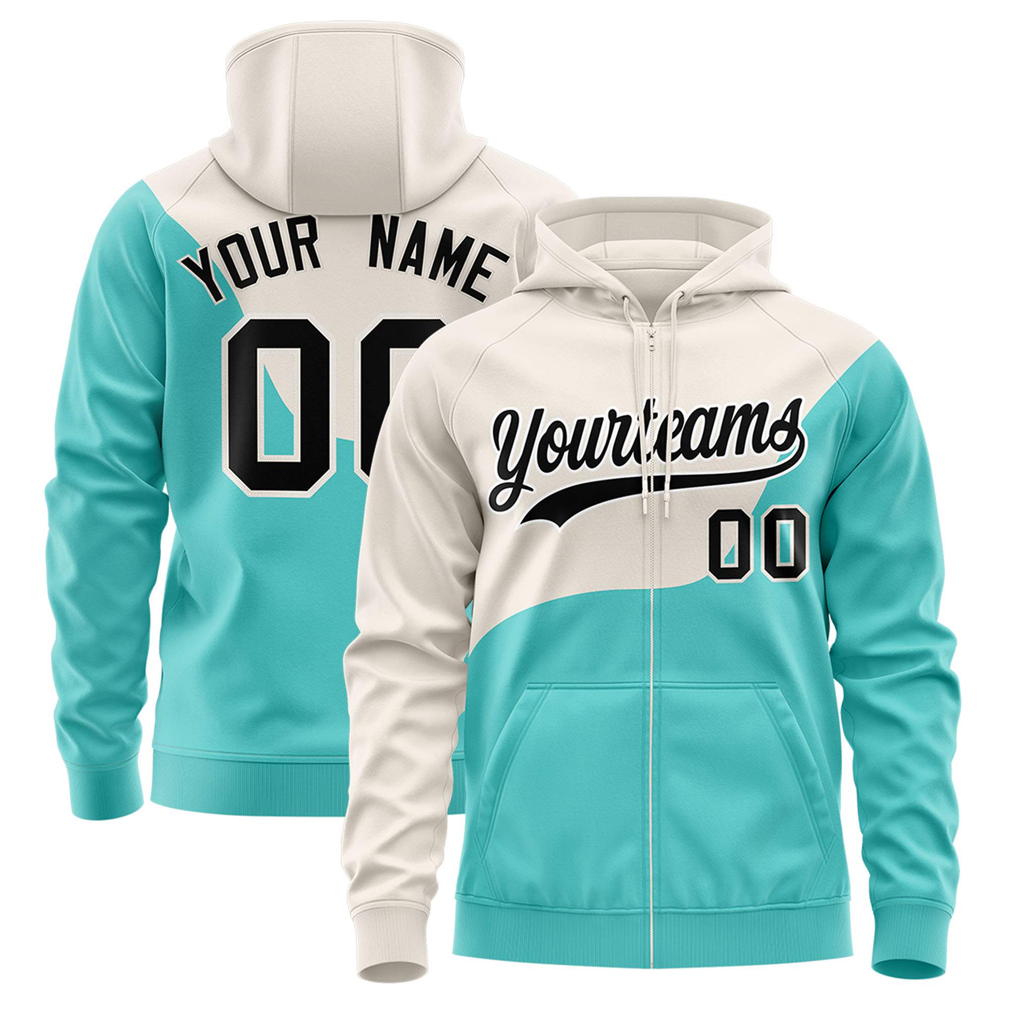 Custom Cream Bright Green Color Block Varsity Full-Zip Letterman Wave Hoodie Jacket