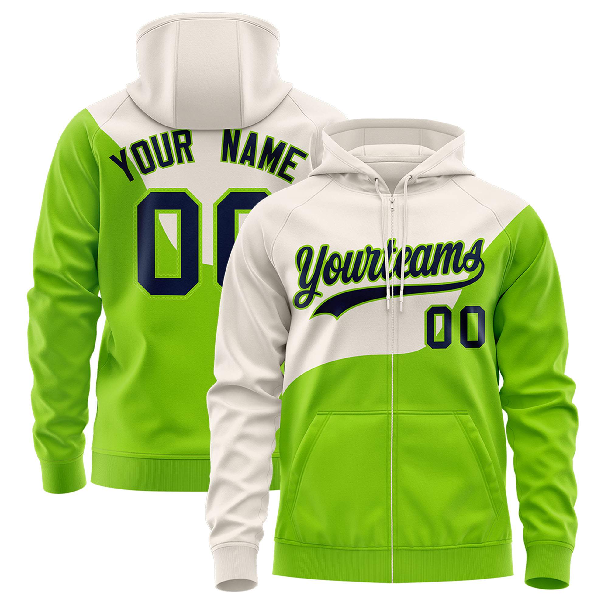 Custom Cream Neon Green Color Block Varsity Full-Zip Letterman Wave Hoodie Jacket