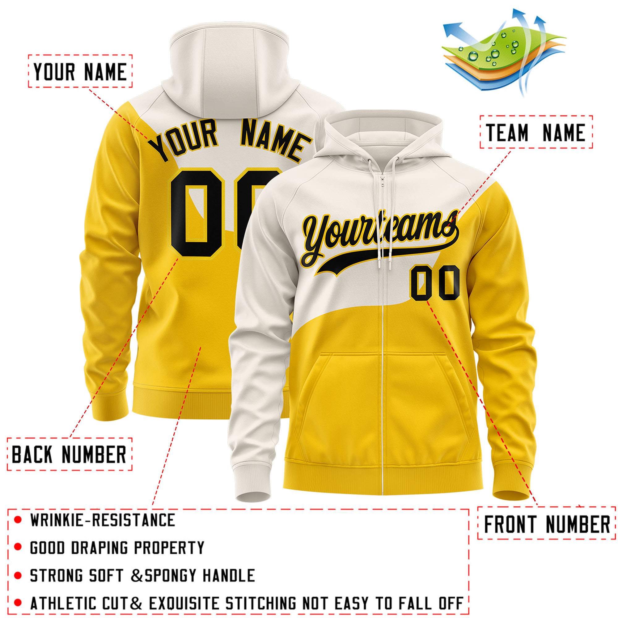 Custom Cream Gold Color Block Varsity Full-Zip Letterman Wave Hoodie Jacket