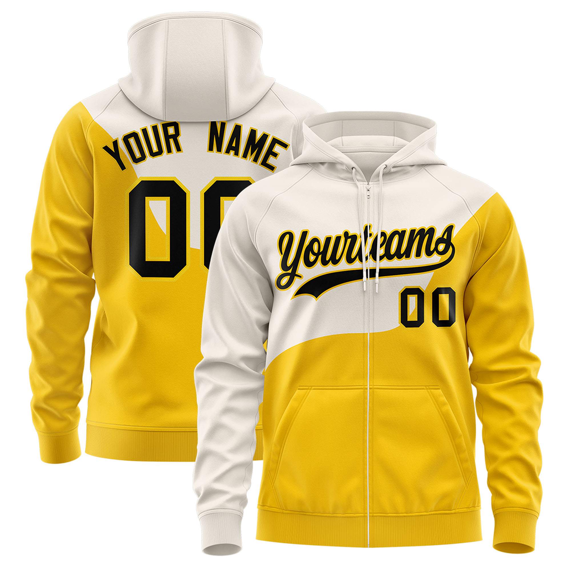 Custom Cream Gold Color Block Varsity Full-Zip Letterman Wave Hoodie Jacket