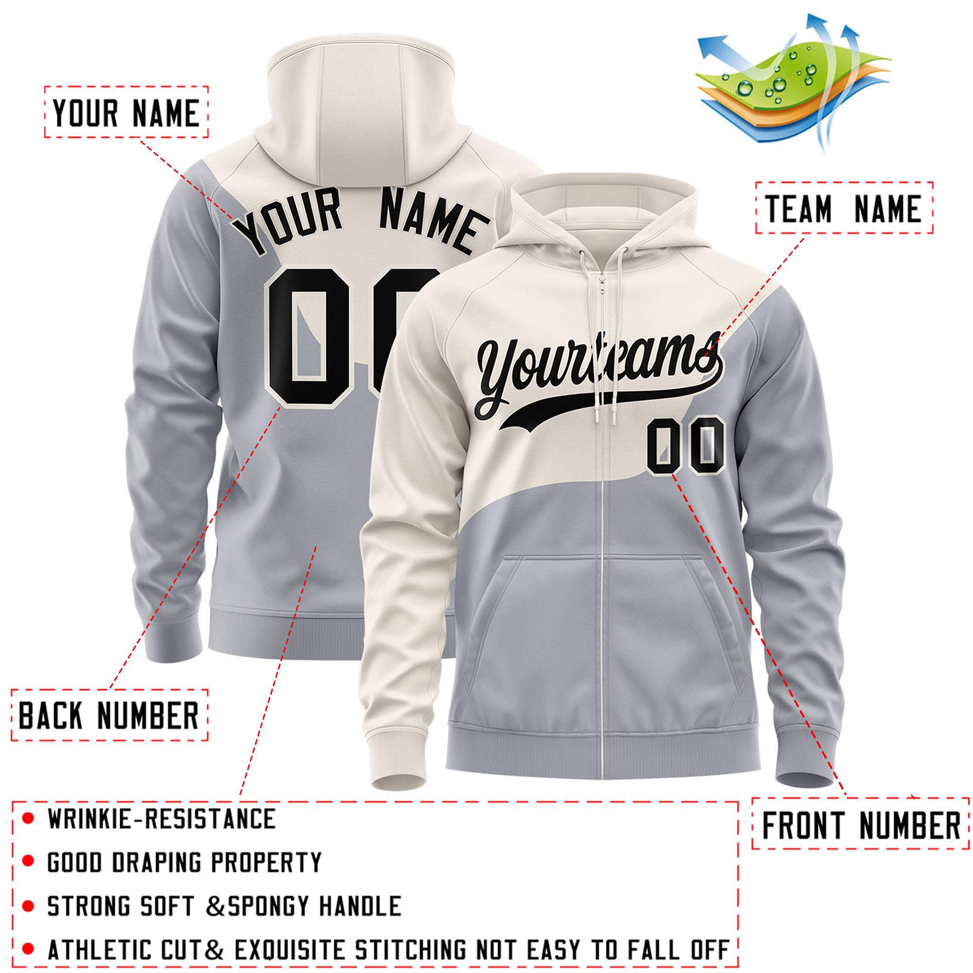 Custom Cream Gray Color Block Varsity Full-Zip Letterman Wave Hoodie Jacket