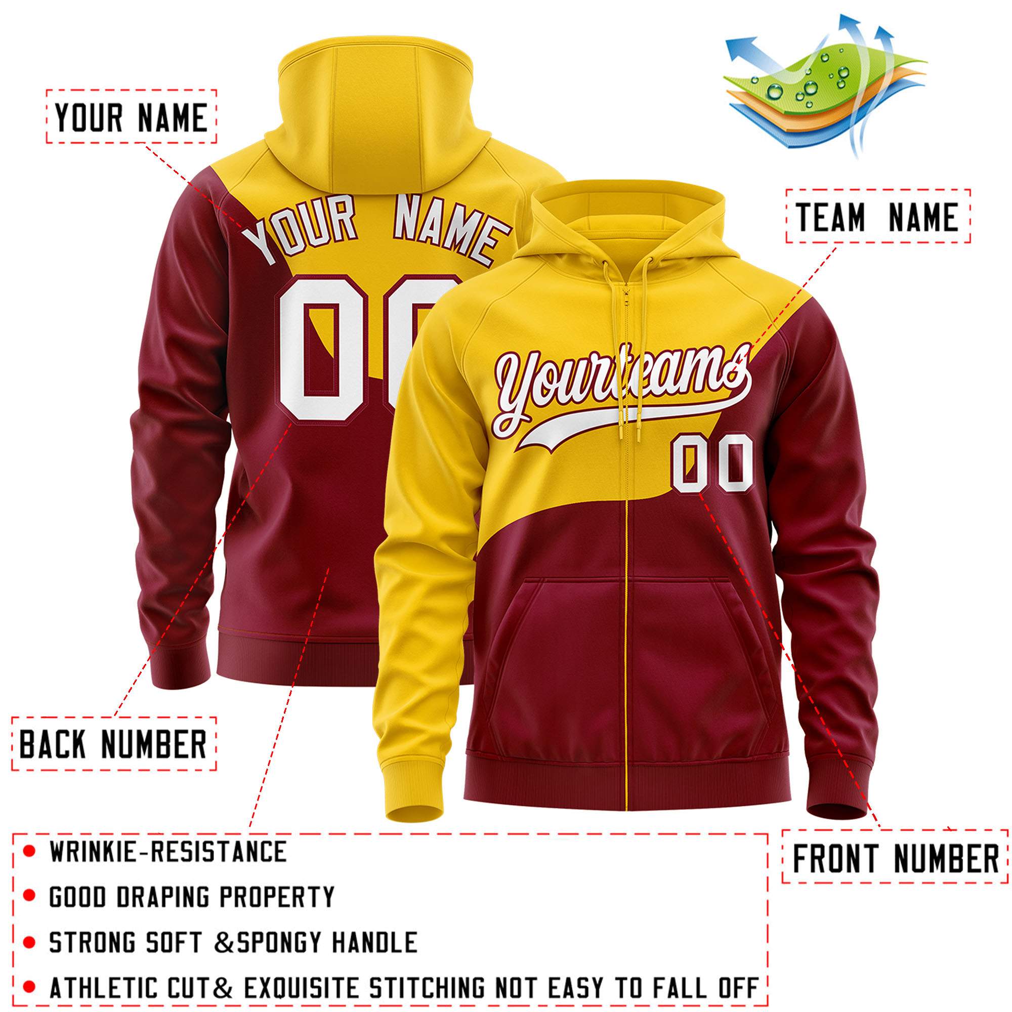 Custom Gold Crimson Color Block Varsity Full-Zip Letterman Wave Hoodie Jacket