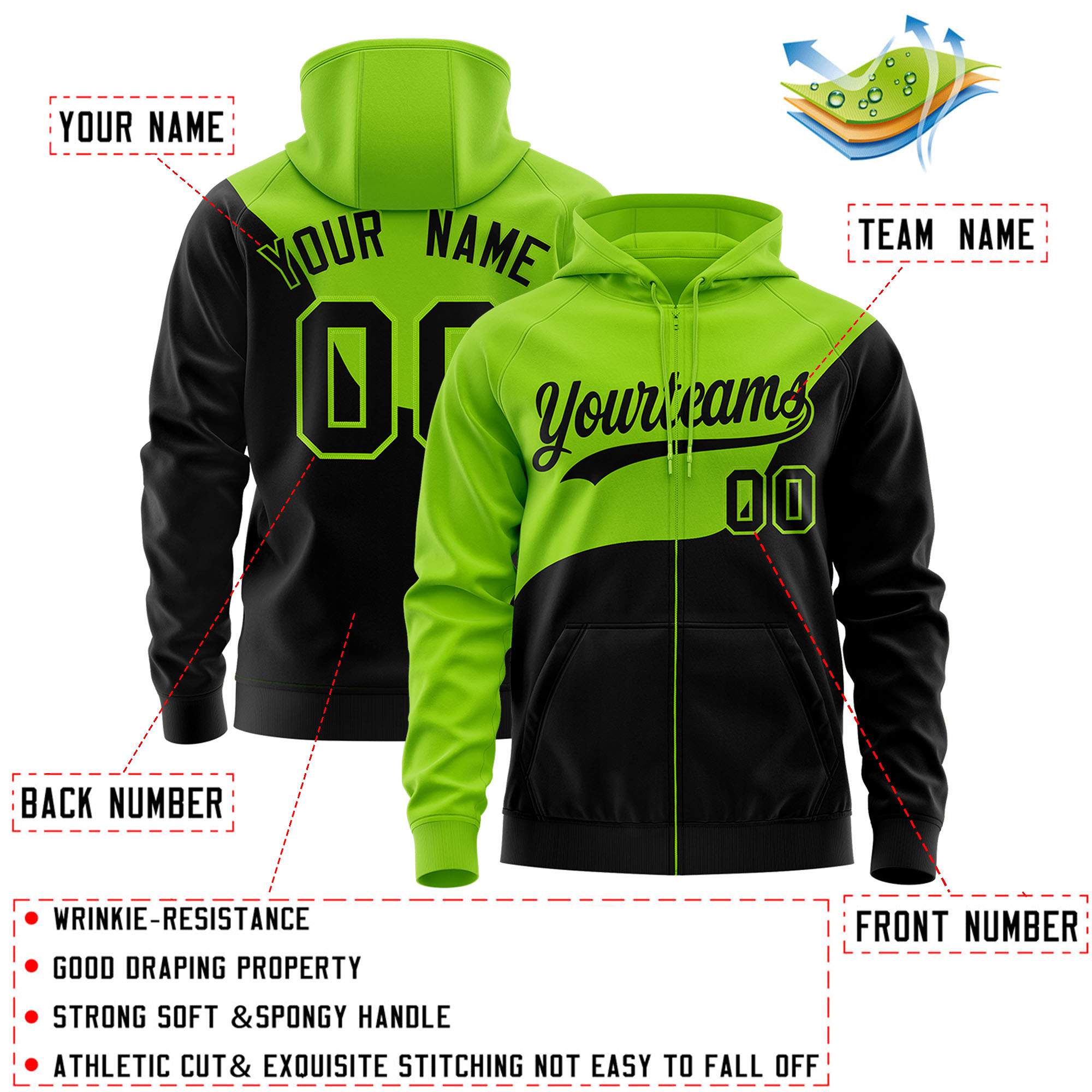 Custom Neon Green Black Color Block Varsity Full-Zip Letterman Wave Hoodie Jacket