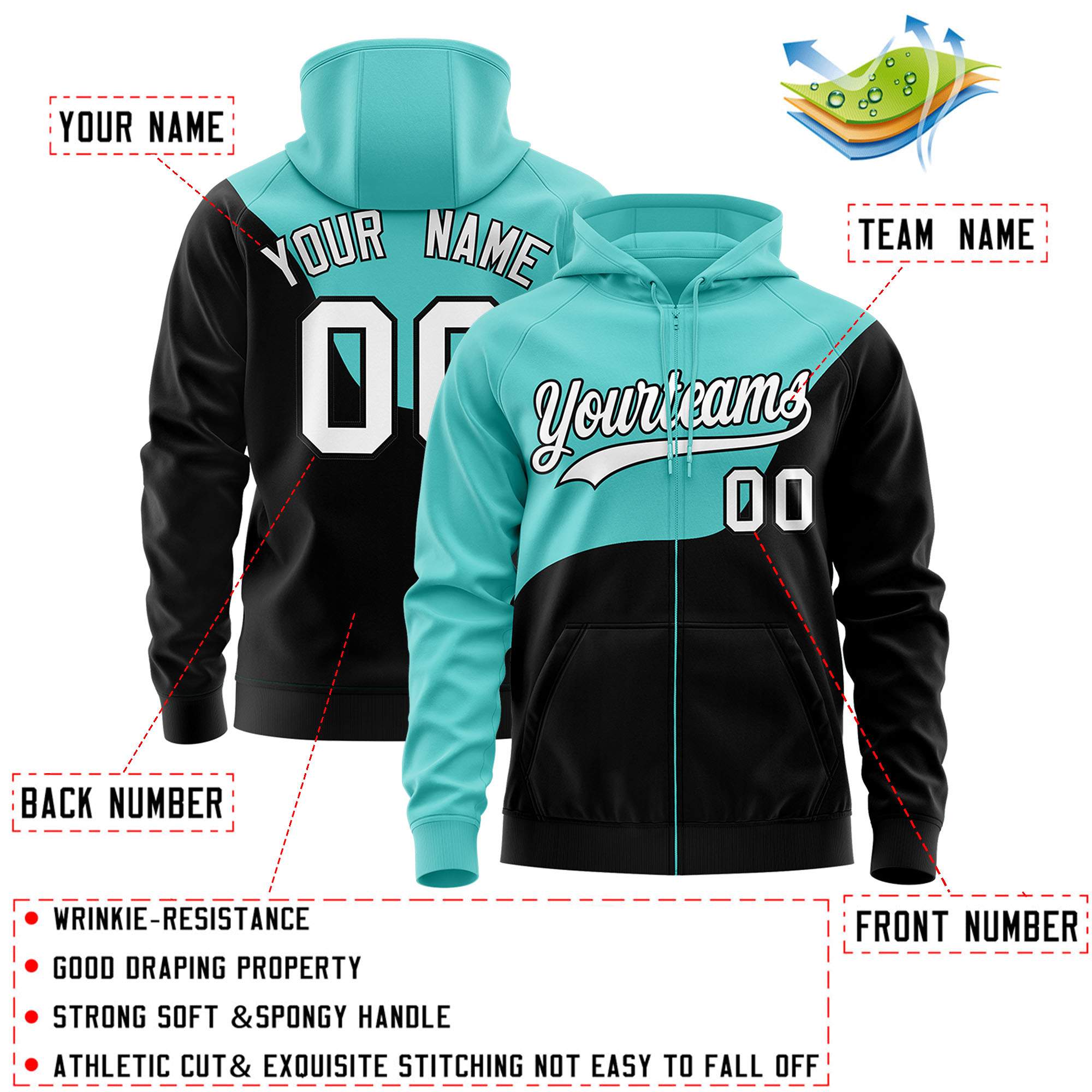 Custom Bright Green Black Color Block Varsity Full-Zip Letterman Wave Hoodie Jacket