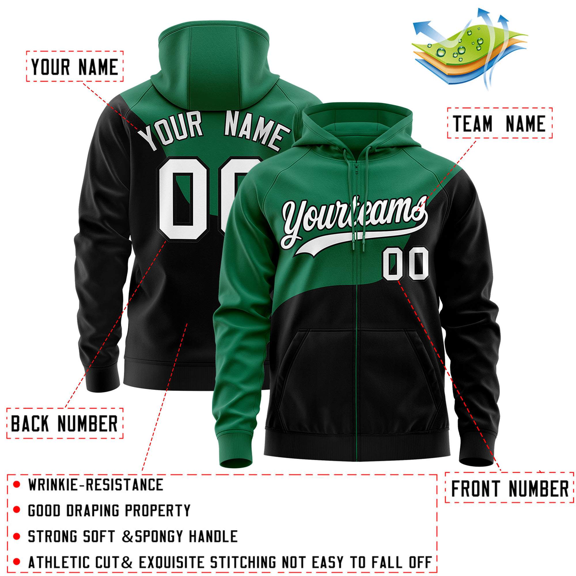 Custom Kelly Green Black Color Block Varsity Full-Zip Letterman Wave Hoodie Jacket