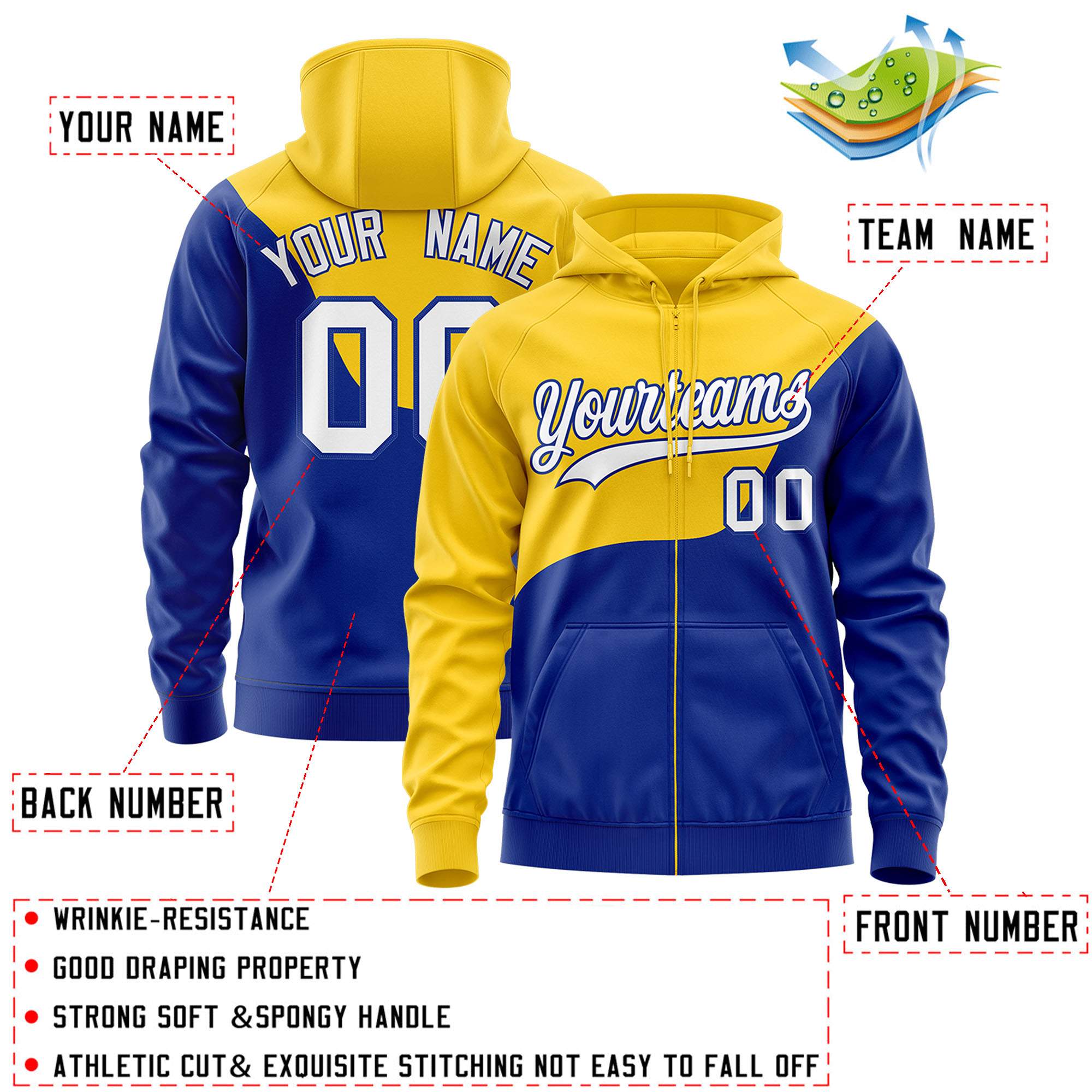 Custom Gold Royal Color Block Varsity Full-Zip Letterman Wave Hoodie Jacket