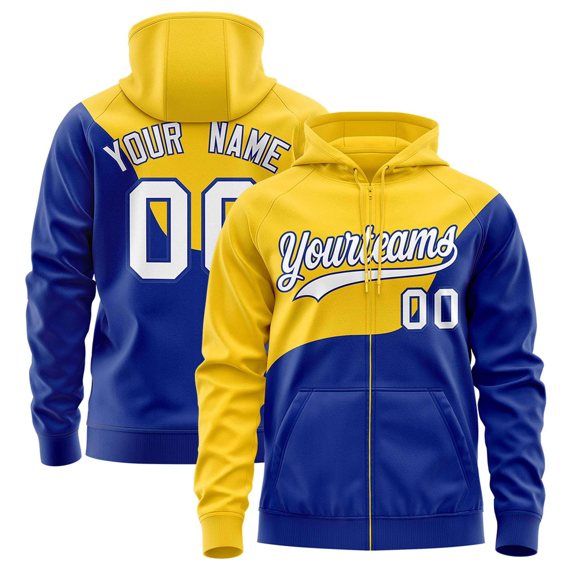 Custom Gold Royal Color Block Varsity Full-Zip Letterman Wave Hoodie Jacket