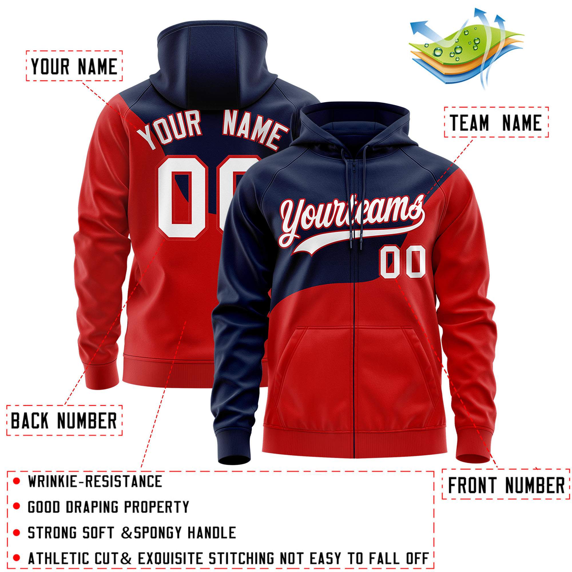 Custom Navy Red Color Block Varsity Full-Zip Letterman Wave Hoodie Jacket