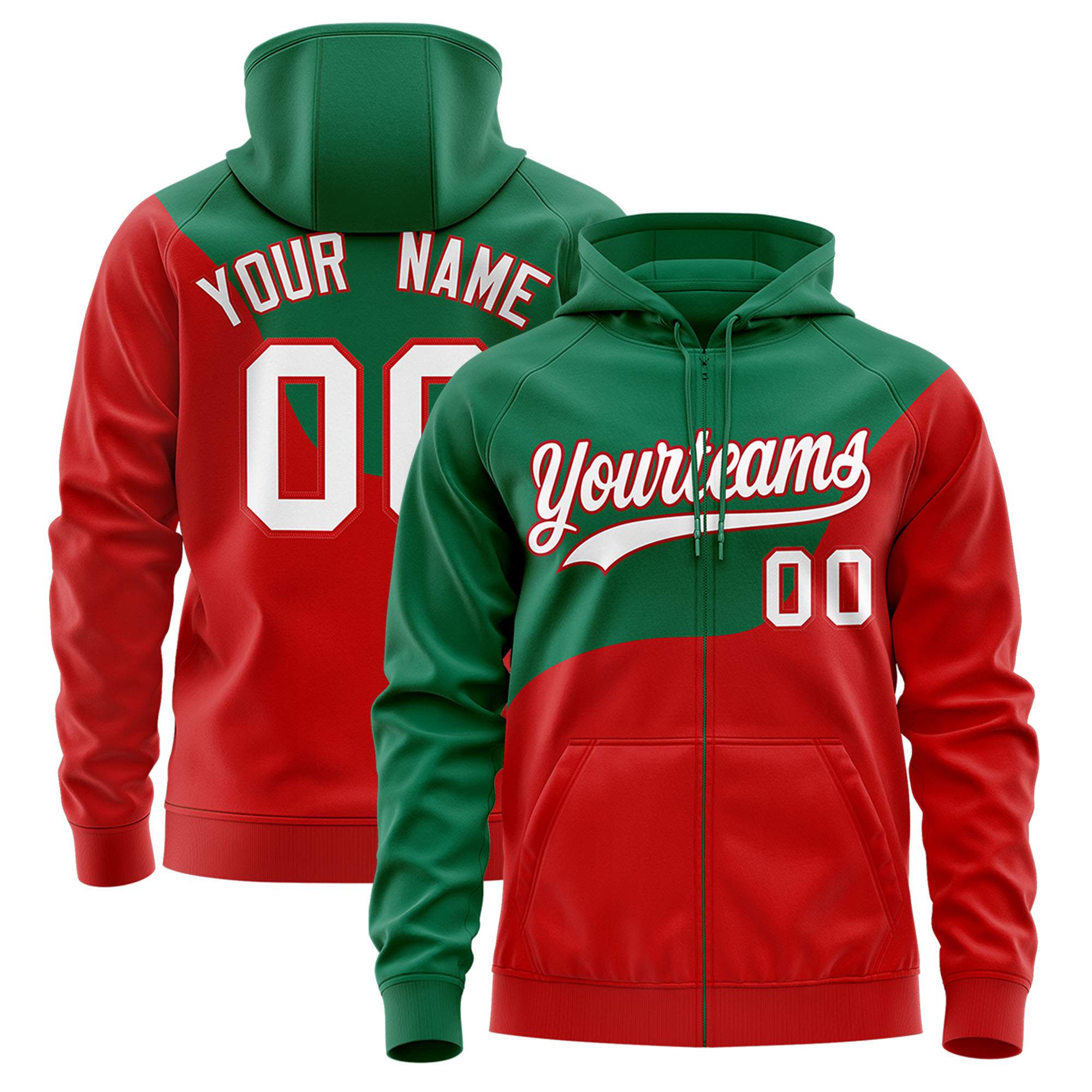 Custom Kelly Green Red Color Block Varsity Full-Zip Letterman Wave Hoodie Jacket