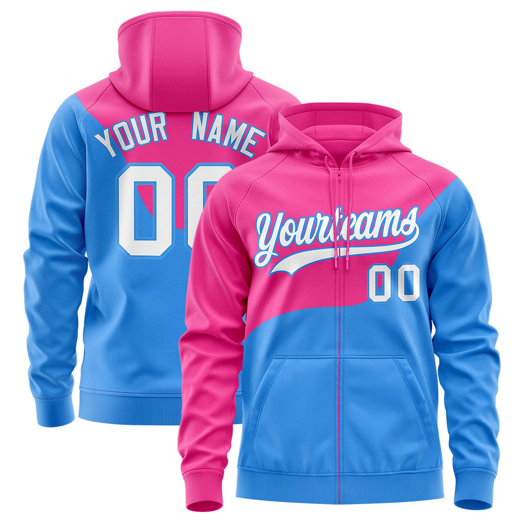 Custom Pink Powder Blue Color Block Varsity Full-Zip Letterman Wave Hoodie Jacket