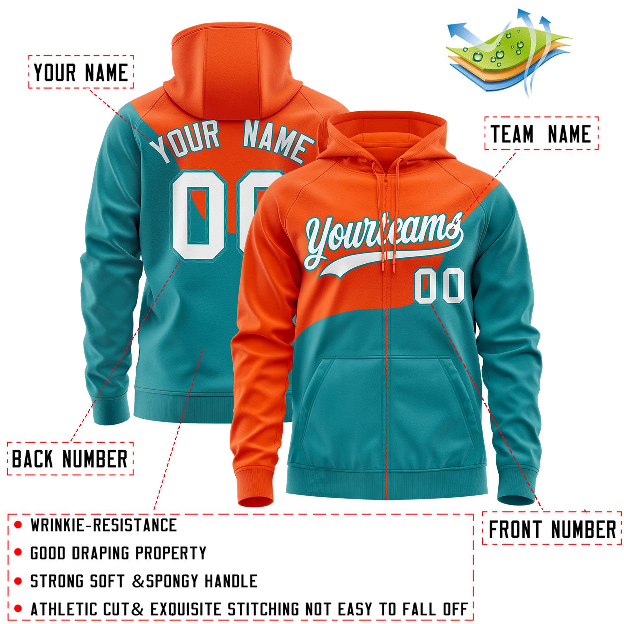 Custom Orange Aqua Color Block Varsity Full-Zip Letterman Wave Hoodie Jacket